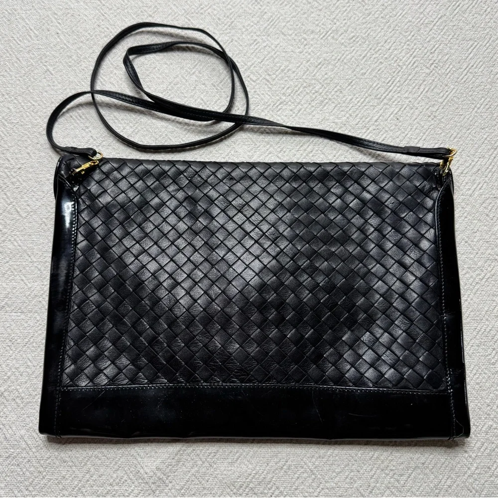VTG Walter Katten Black Leather Intrecciato Woven Shoulder Bag Clutch Patent - Picture 6 of 11